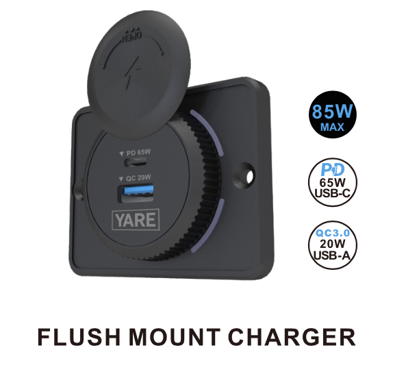 Flush Mount Charger – Black 85W 12/24 Volt Dual USB (65W USB-C + 20W USB-A)