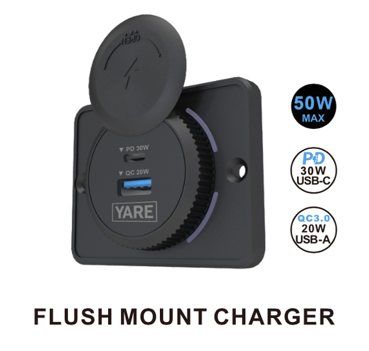 Flush Mount Charger – Black 50W 12/24 Volt Dual USB (30W USB-C + 20W USB-A)