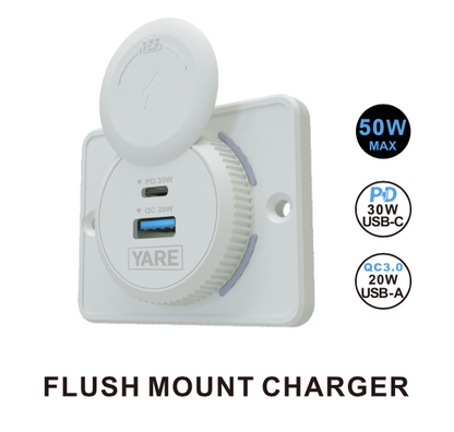 Flush Mount Charger – White 50W 12/24 Volt Dual USB (30W USB-C + 20W USB-A)