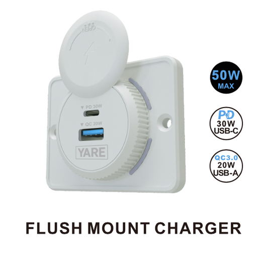 Flush Mount Charger – White 50W 12/24 Volt Dual USB (30W USB-C + 20W USB-A)