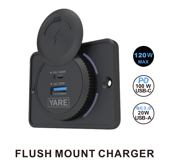 Flush Mount Charger – Black 120W 12/24 Volt Dual USB (100W USB-C + 20W USB-A)